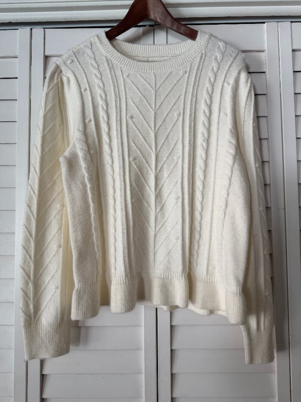 LOFT Cream Cable & Bobble Crewneck Sweater